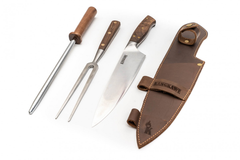 Trilogia En Cuero: Pincho Pro + Cuchillo Curacavi + Astil Con Funda De Cuero Café / Kg1915Fcc