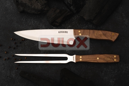 SET TENEDOR + CUCHILLO PARRILLERO FUNDA CUERO CAFÉ / KG1901FCC